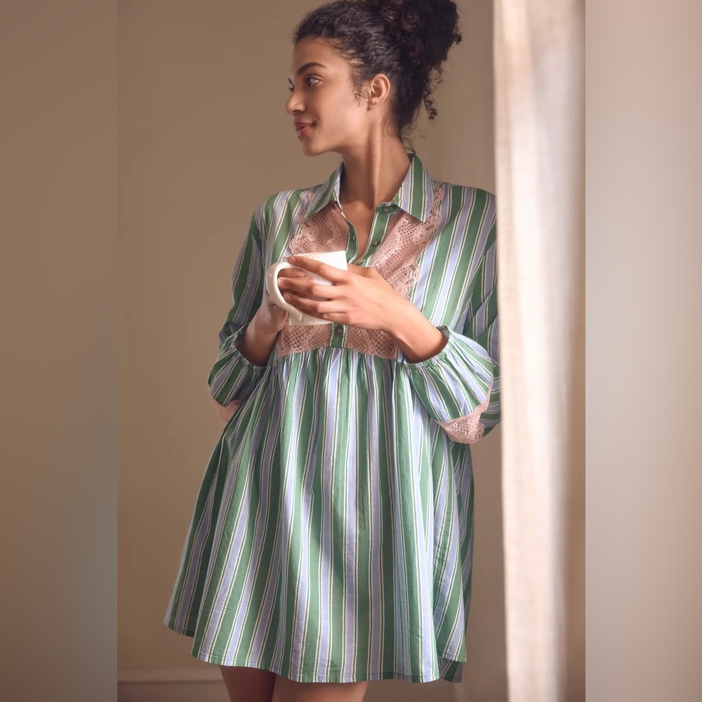 By Anthropologie Long-Sleeve Lace-Inset Swing Mini Dress